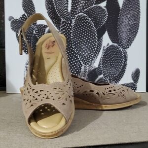 Spring Step Tan Leather Sandals with Perforated Design Wedge